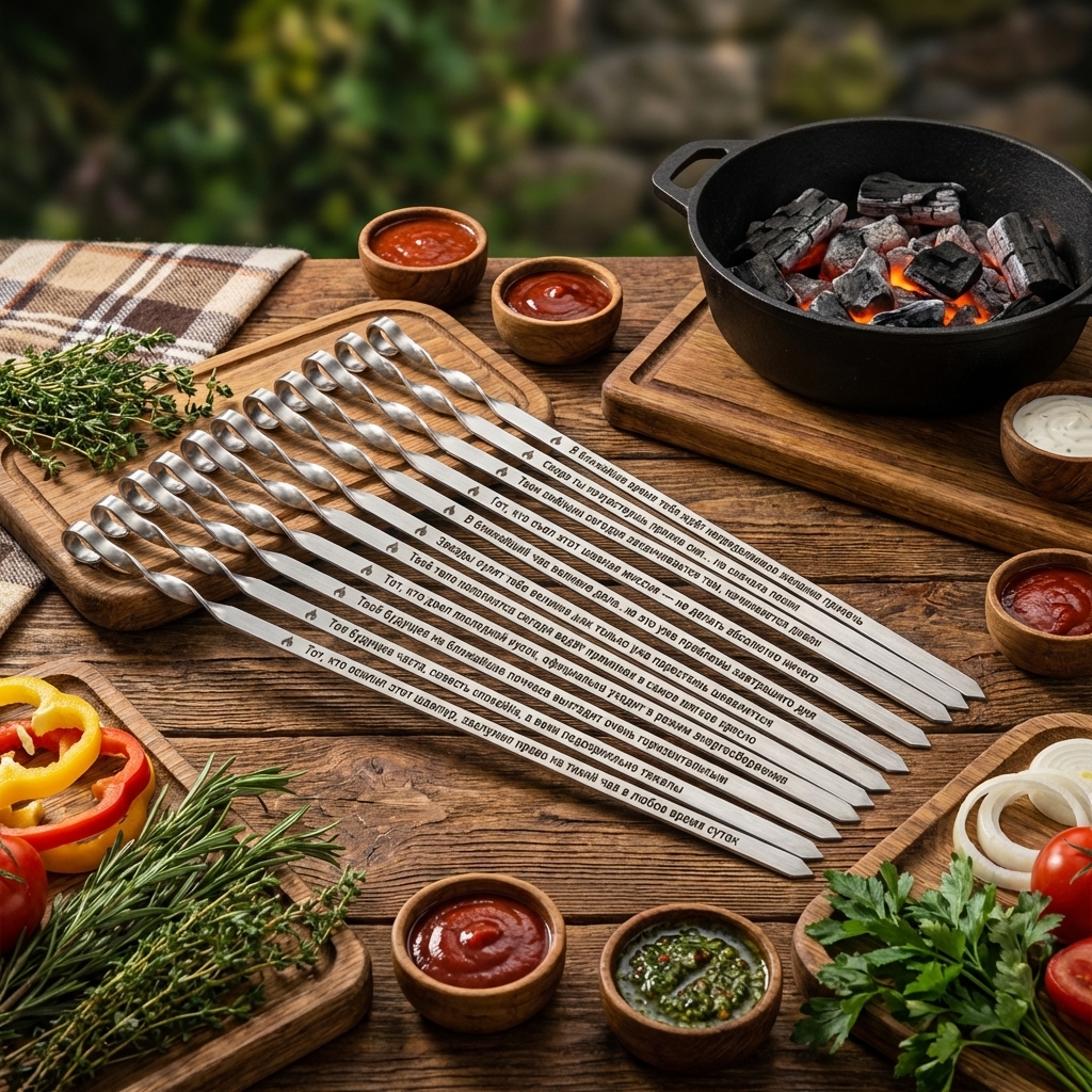 Set aus 12 Schaschlikspießen 50 cm, mit Gravur - Horizontaler Zen