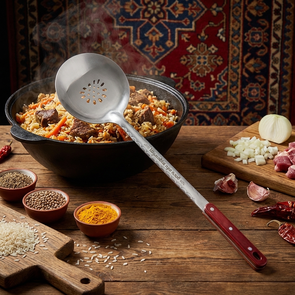 Usbekischer Schaumlöffel für Plov 48 cm, mit Gravur. Schaumlöffel für Plov