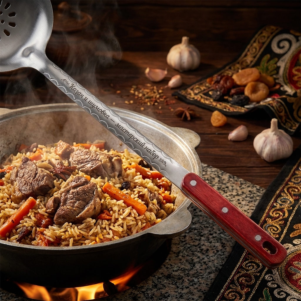Usbekische Schaumkelle für Pilaw 48 cm, mit Gravur. Kessel und Schaumkelle - Meisterset