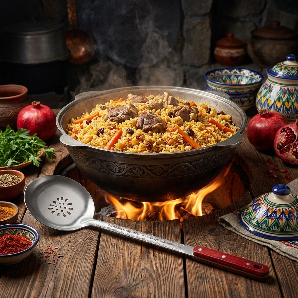 Usbekische Schaumkelle für Pilaw 48 cm, mit Gravur. Kessel und Schaumkelle - Meisterset