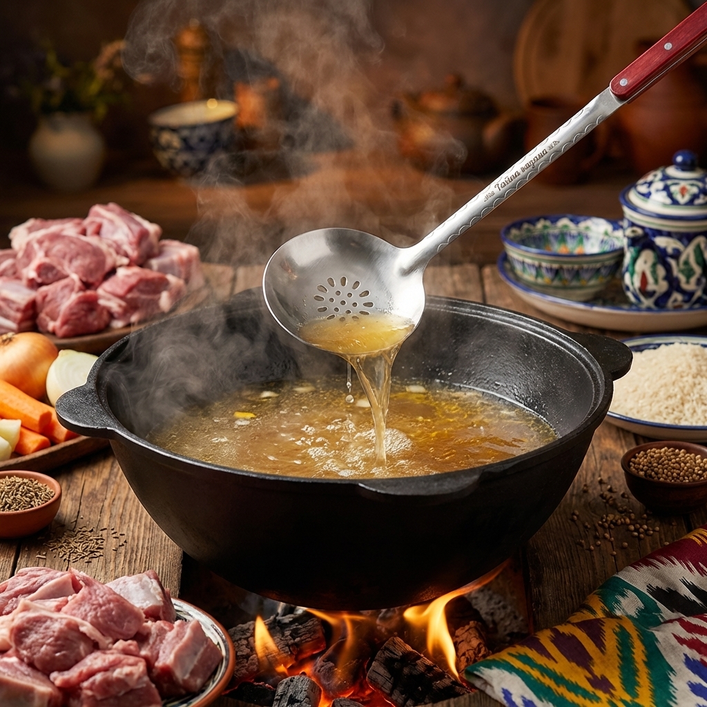 Usbekischer Schaumlöffel für Plow 48 cm, mit Gravur, Das Geheimnis des Kessels