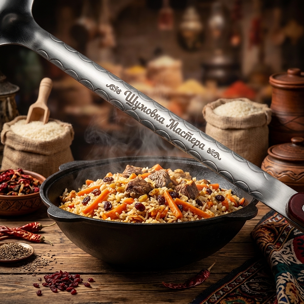 Usbekische Schaumkelle für Plov 48 cm, mit Gravur. Schaumkelle des Meisters