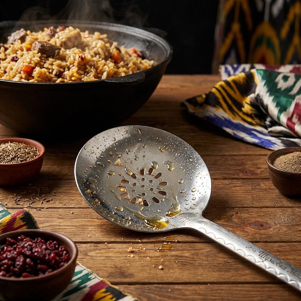 Usbekische Schaumkelle für Plov 48 cm, mit Gravur. Schaumkelle des Meisters