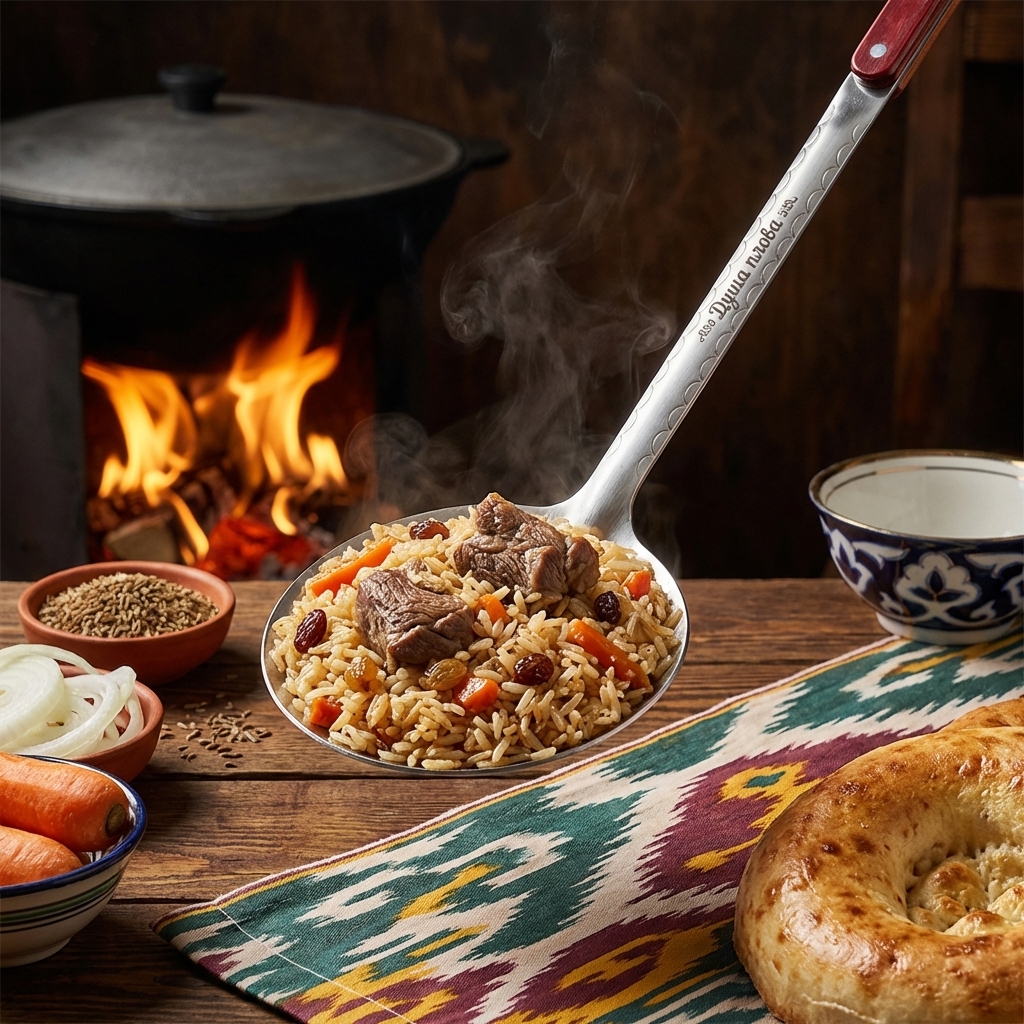 Шумовка узбекская для плова 48 см, с гравировкой. Душа плова