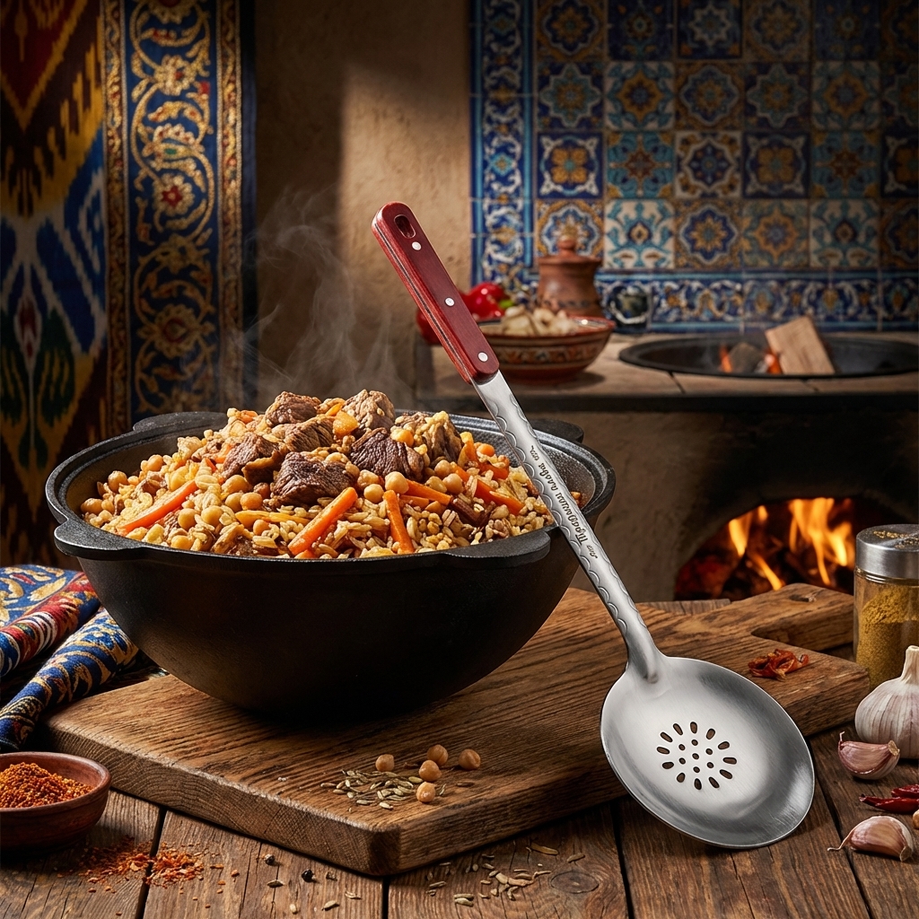 Usbekischer Schaumlöffel für Plow 48 cm, mit Gravur. Traditionen des Plows