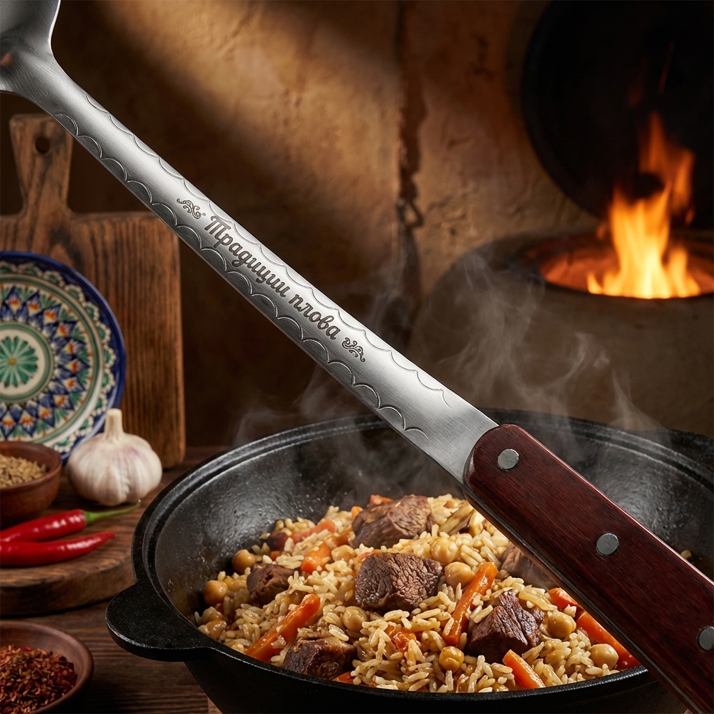 Usbekischer Schaumlöffel für Plow 48 cm, mit Gravur. Traditionen des Plows