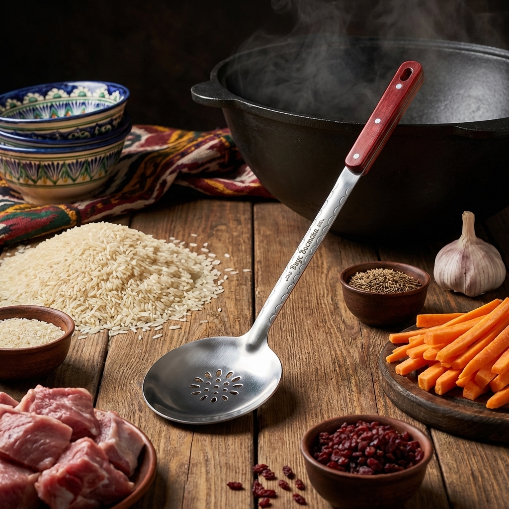 Usbekischer Schaumlöffel für Plov 48 cm, mit Gravur. Geschmack des Orients