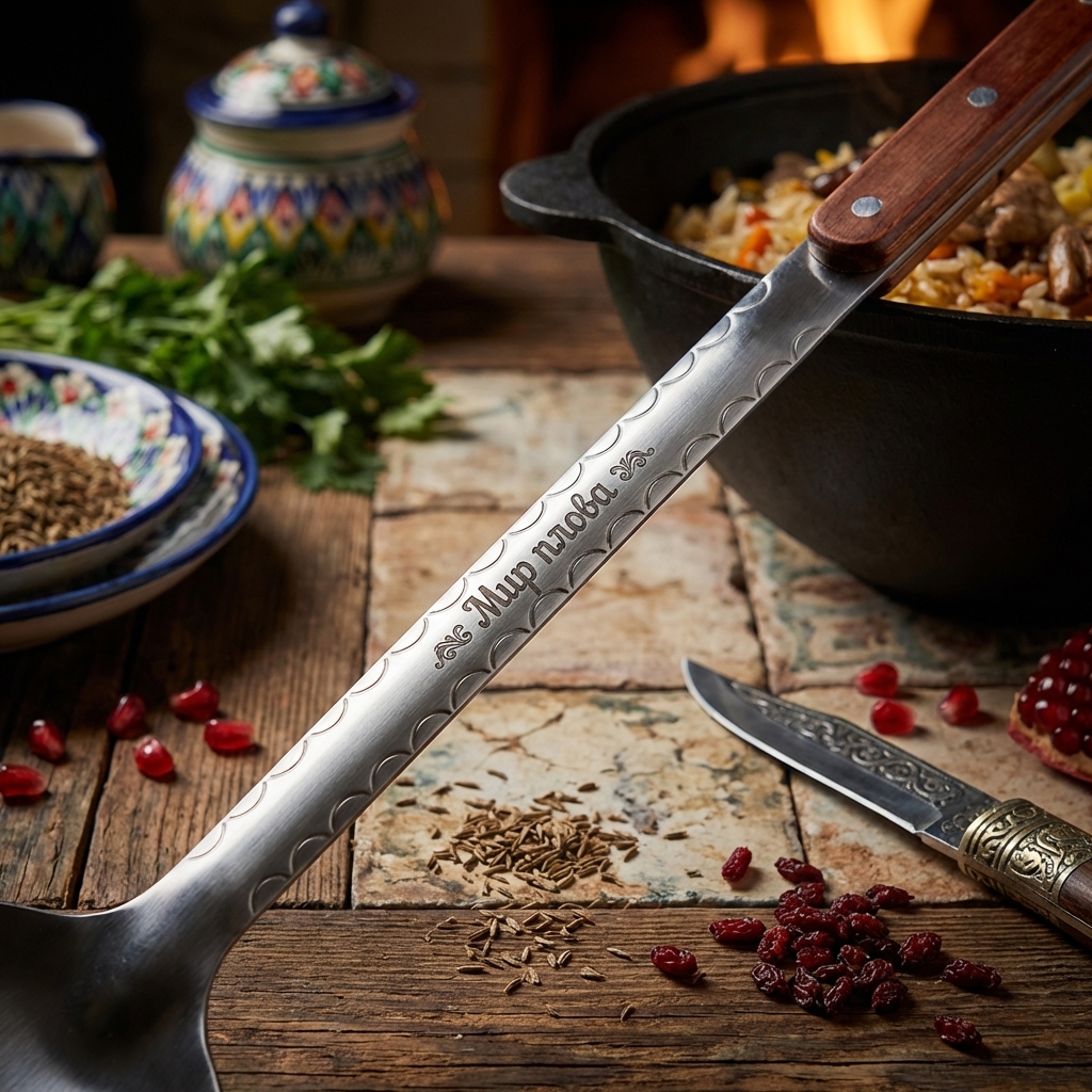 Usbekischer Schaumlöffel für Plow 48 cm, mit Gravur. Welt des Plow