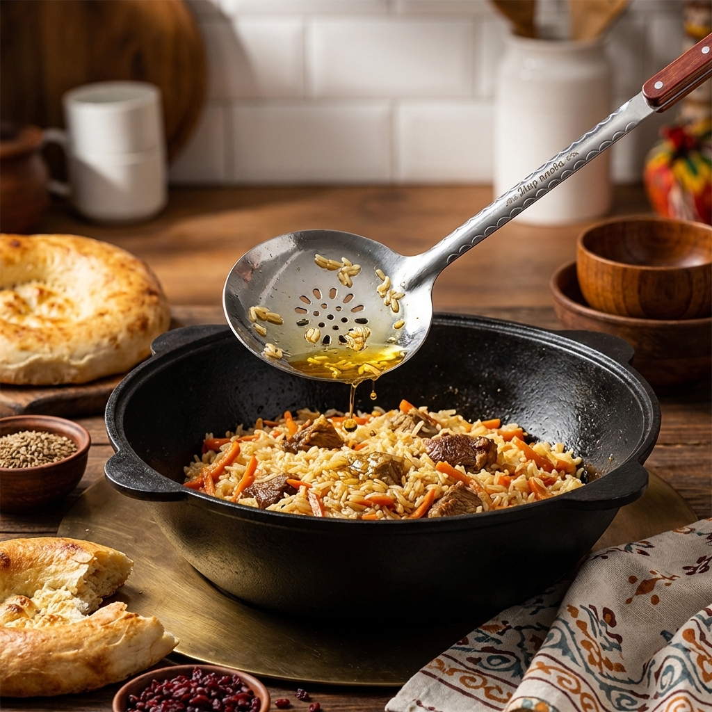 Usbekischer Schaumlöffel für Plow 48 cm, mit Gravur. Welt des Plow