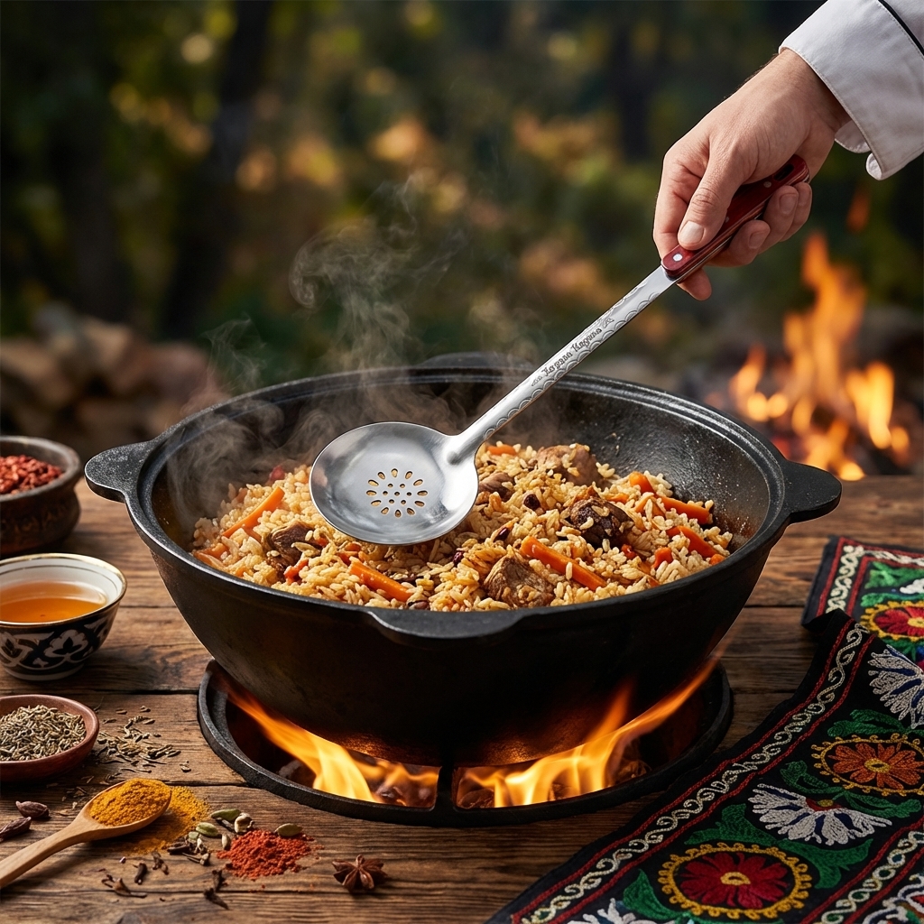 Шумовка узбекская для плова 48 см, с гравировкой - Хозяин Казана
