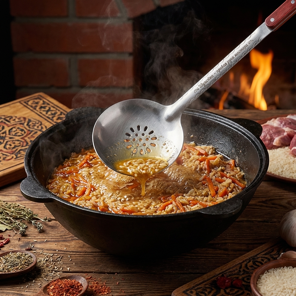 Usbekischer Schaumlöffel für Plow 48 cm, mit Gravur - Der Schaumlöffel ist die rechte Hand des Meisters