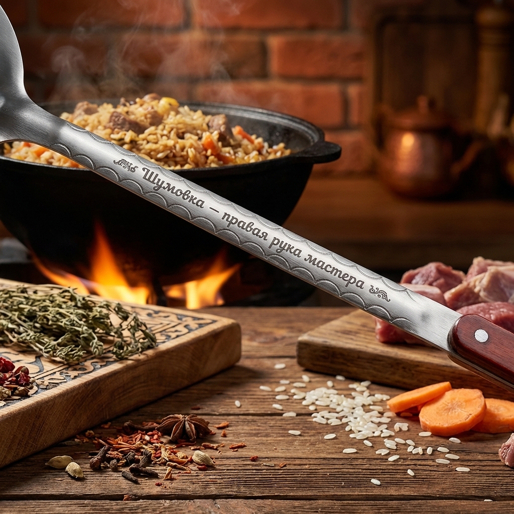 Usbekischer Schaumlöffel für Plow 48 cm, mit Gravur - Der Schaumlöffel ist die rechte Hand des Meisters