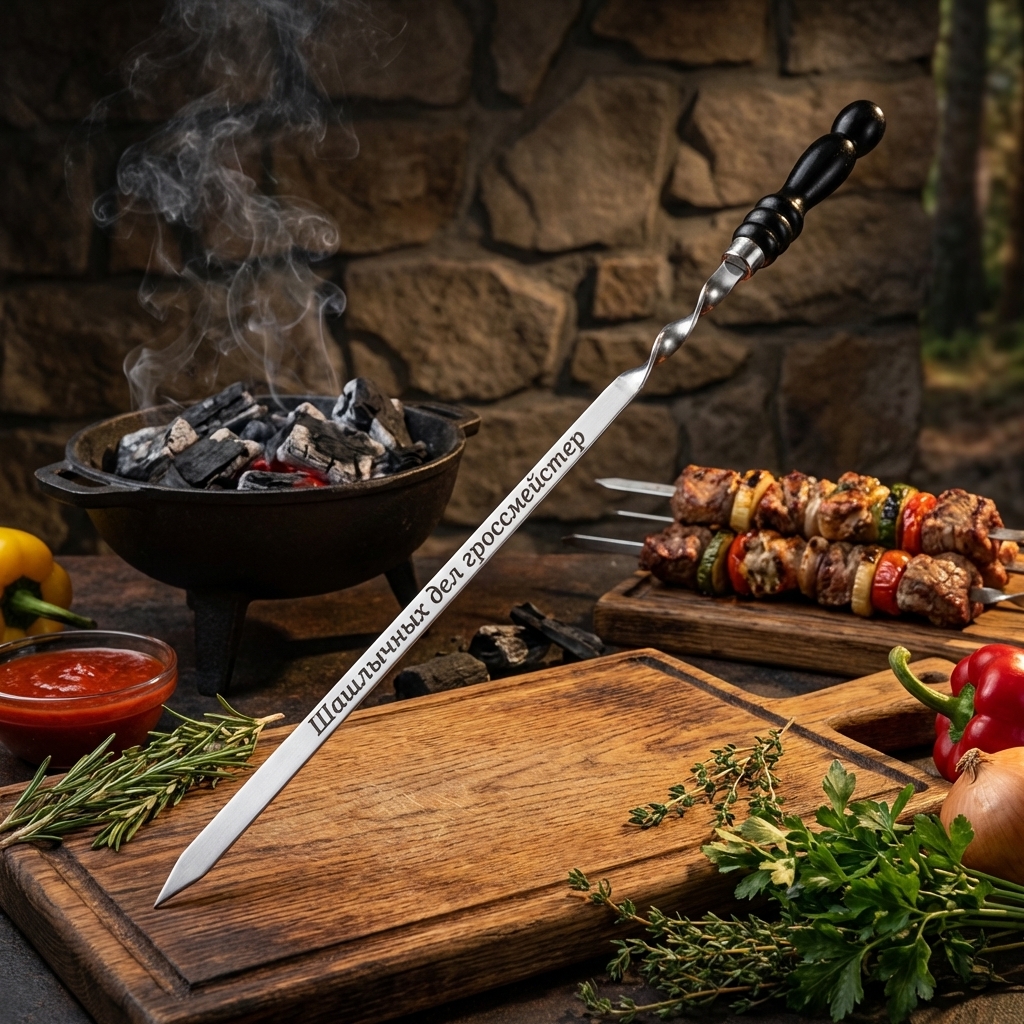 Spieß mit Holzgriff, Edelstahl, 600 x 15 x 2,5 mm